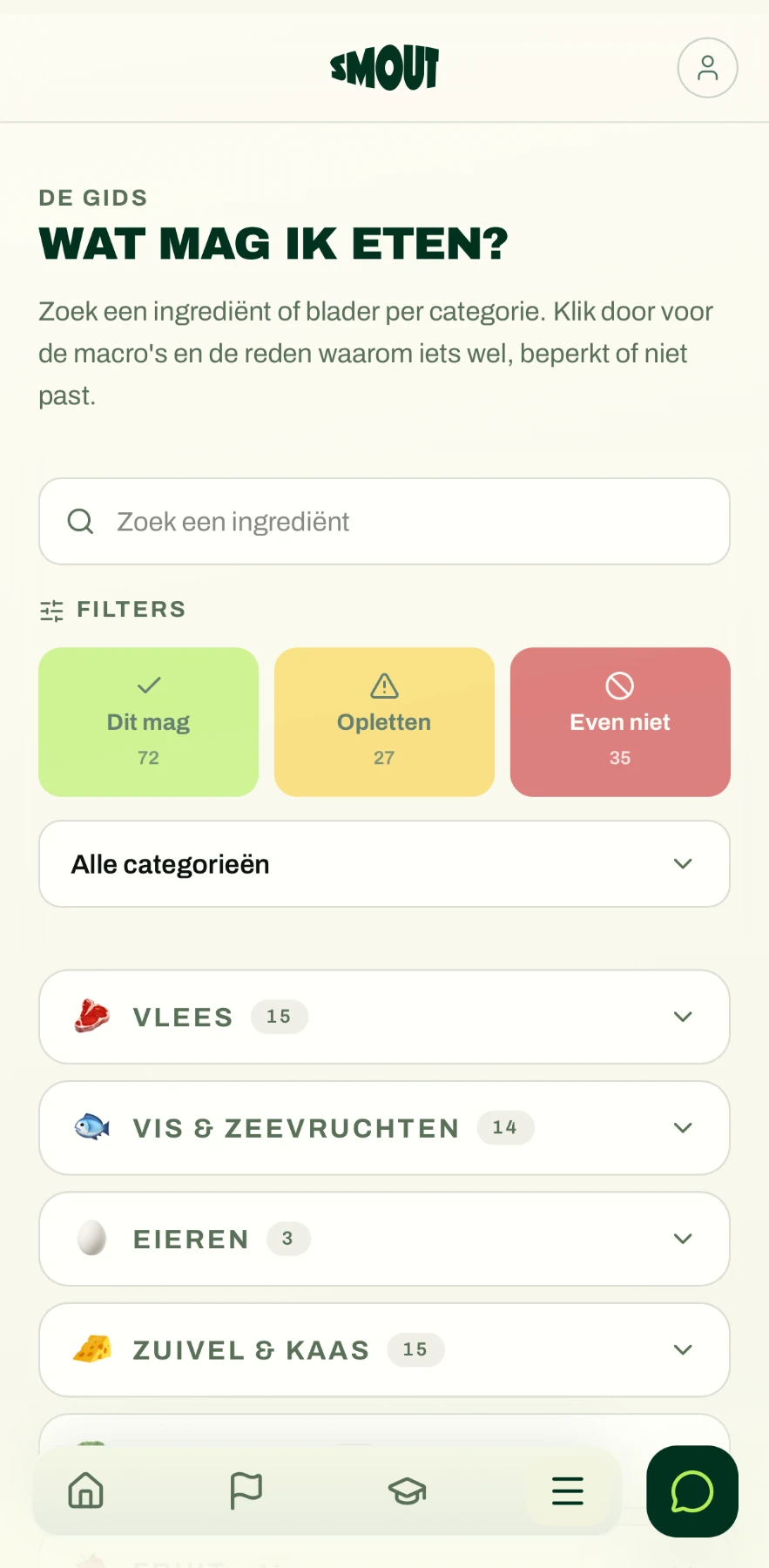Overzicht van wat je mag eten in SMOUT, met filters en categorieën