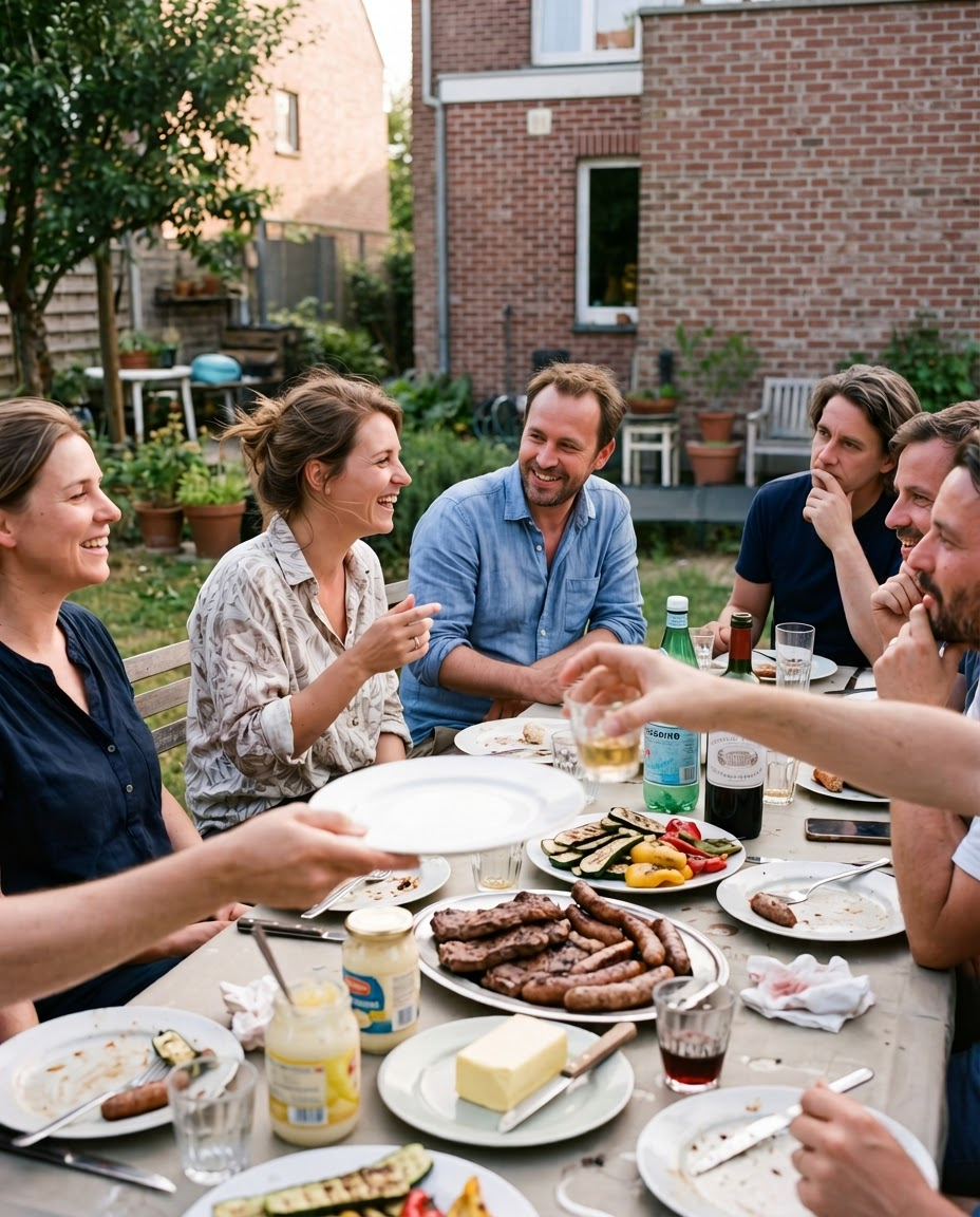 Vrienden aan tafel met gegrild vlees, kaas en groenten