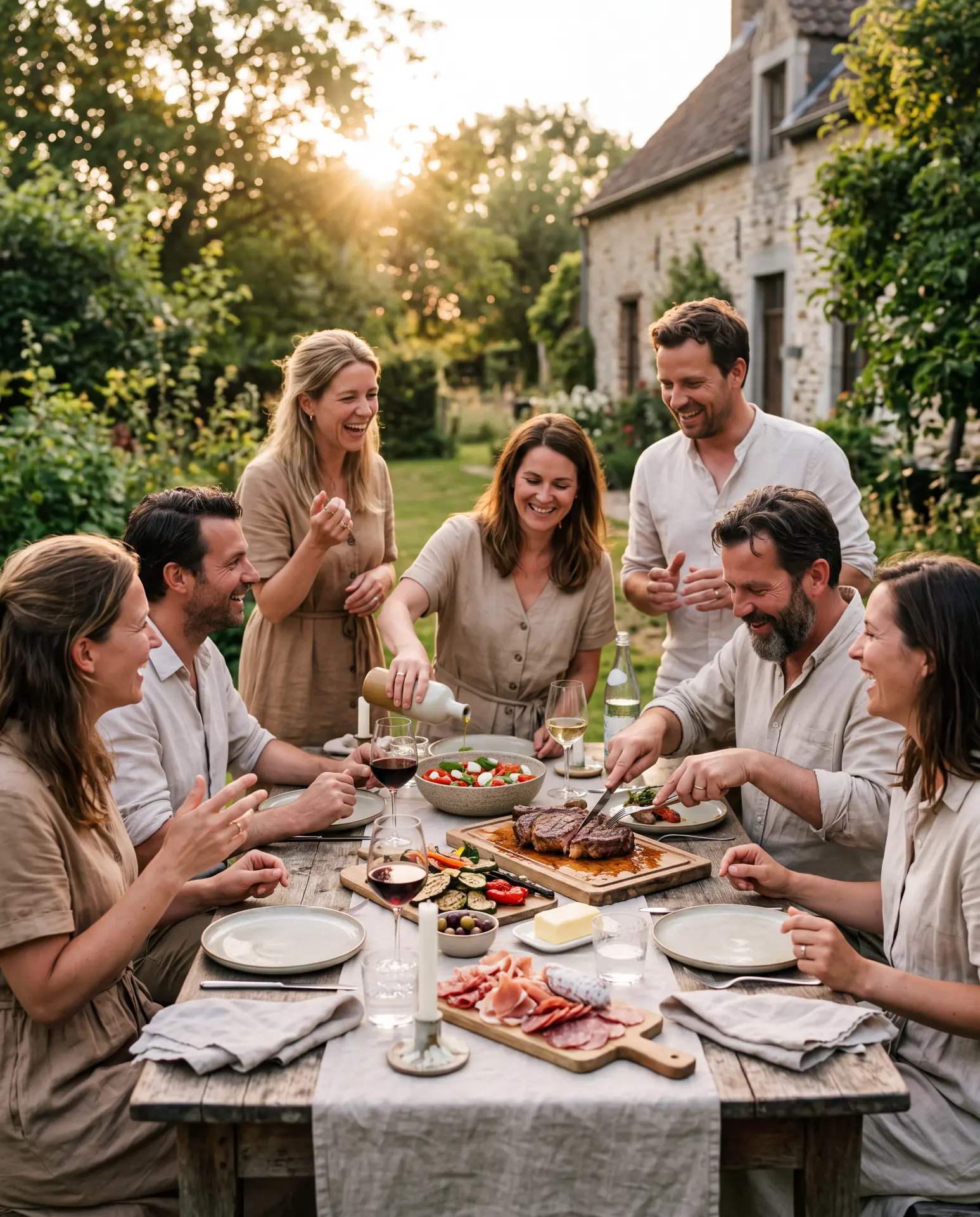Vrienden aan een lange tafel buiten met wijn, gegrild vlees, kaas en brood in avondlicht