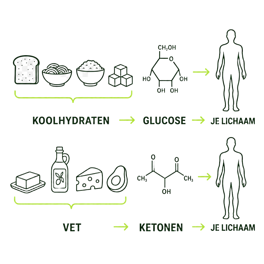 Vereenvoudigde weergave: koolhydraten leveren glucose, vetzuren leveren ketonen