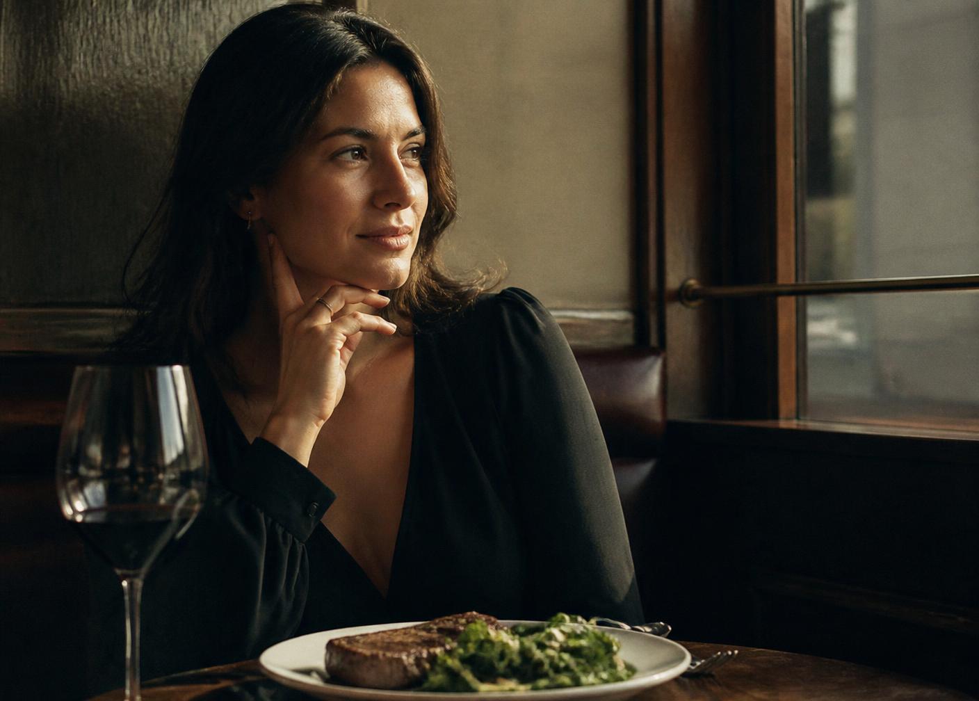 Liesa aan een bistrotafel met een glas wijn en een bord